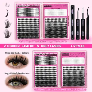 LASH SKYQD 472pcs 4 Styles D Curl False Eyelash Cluster Kit, Bottom/Spike/Mega 100D/Mega 80D Volume Lash Extensions Kit With Lash Bond and Seal Tweezers, Perfect for Beginners & Proficient, DIY at Home Easily, Easy Apply for Makeup Daily