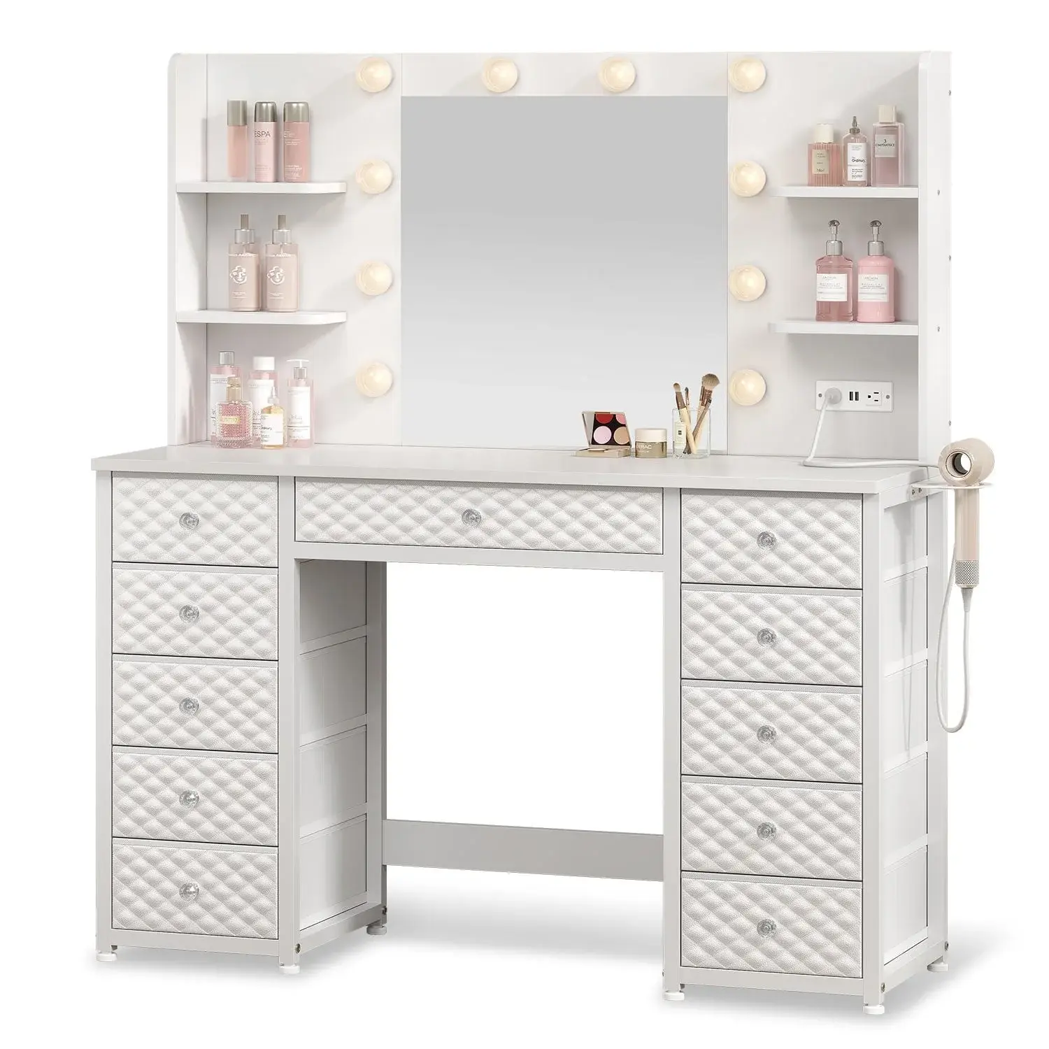Makeup Vanity with 11 Drawers and 6 Open Shelves White Makeup Vanity with 11 Drawers and 6 Open Shelves White