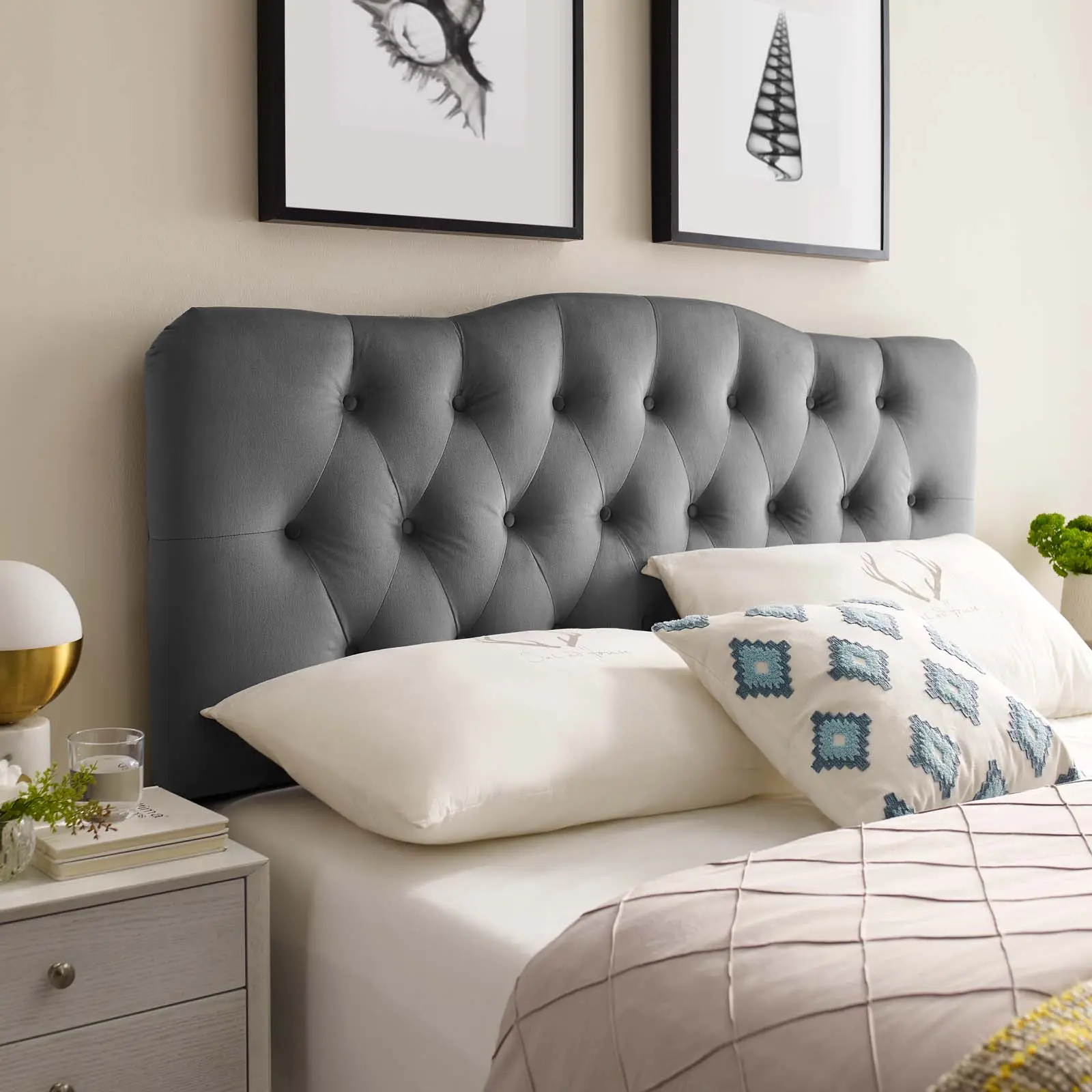 Modway Annabel Height-Adjustable King Diamond Tufted Performance Velvet Headboard - Gray, Curved Silhouette, Dense Foam, Plywood Frame, King Bedhead for Indoor Furniture Bed Frames & Headboards