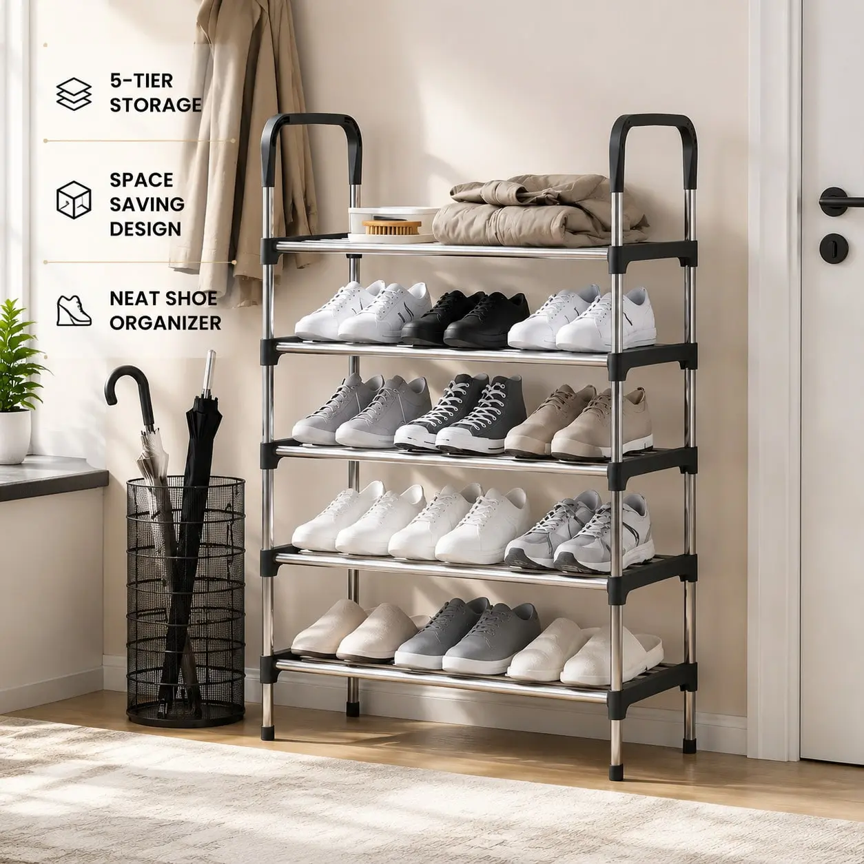 3-Tier or 5-Tier Shoe Rack, Home Supplies Closet Organizer, Space-Saving Storage Holder