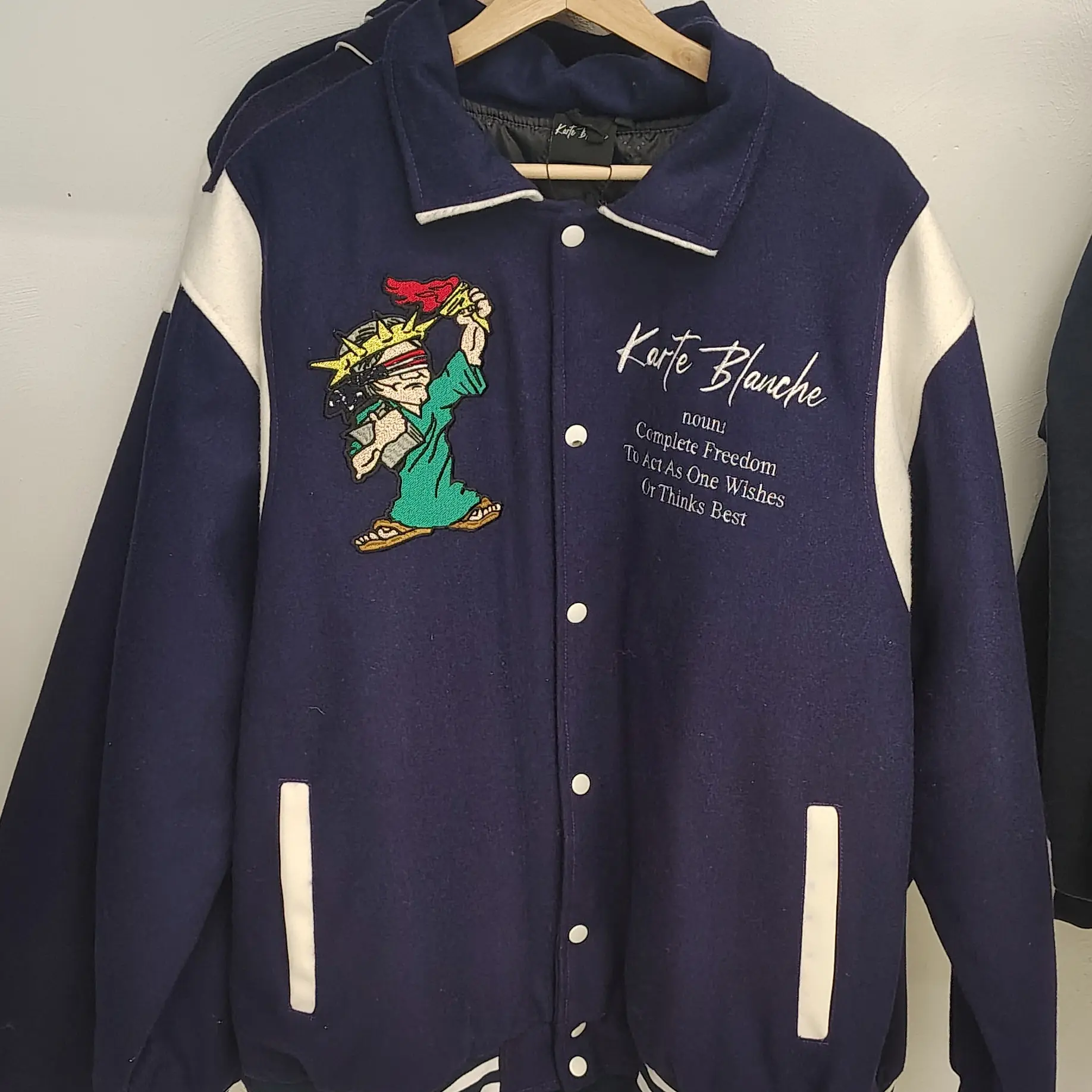 Lady Liberty Varsity Jacket - Navy Blue with White Accents, Factual History & Style, Button Front, Pockets