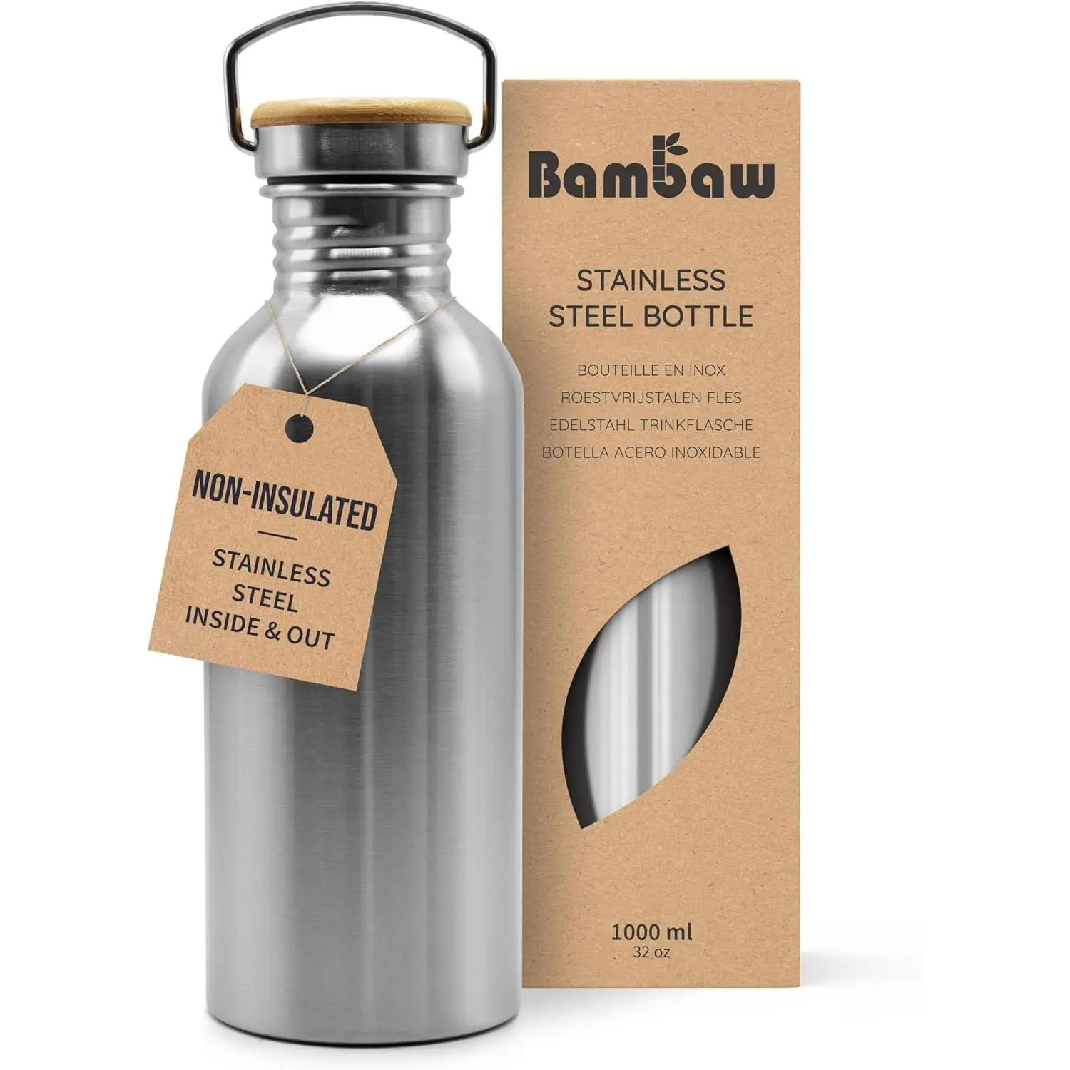 Bambaw 32 oz Stainless Steel Water Bottle, Eco-Friendly Reusable Bottle for Everyday Use, Silver