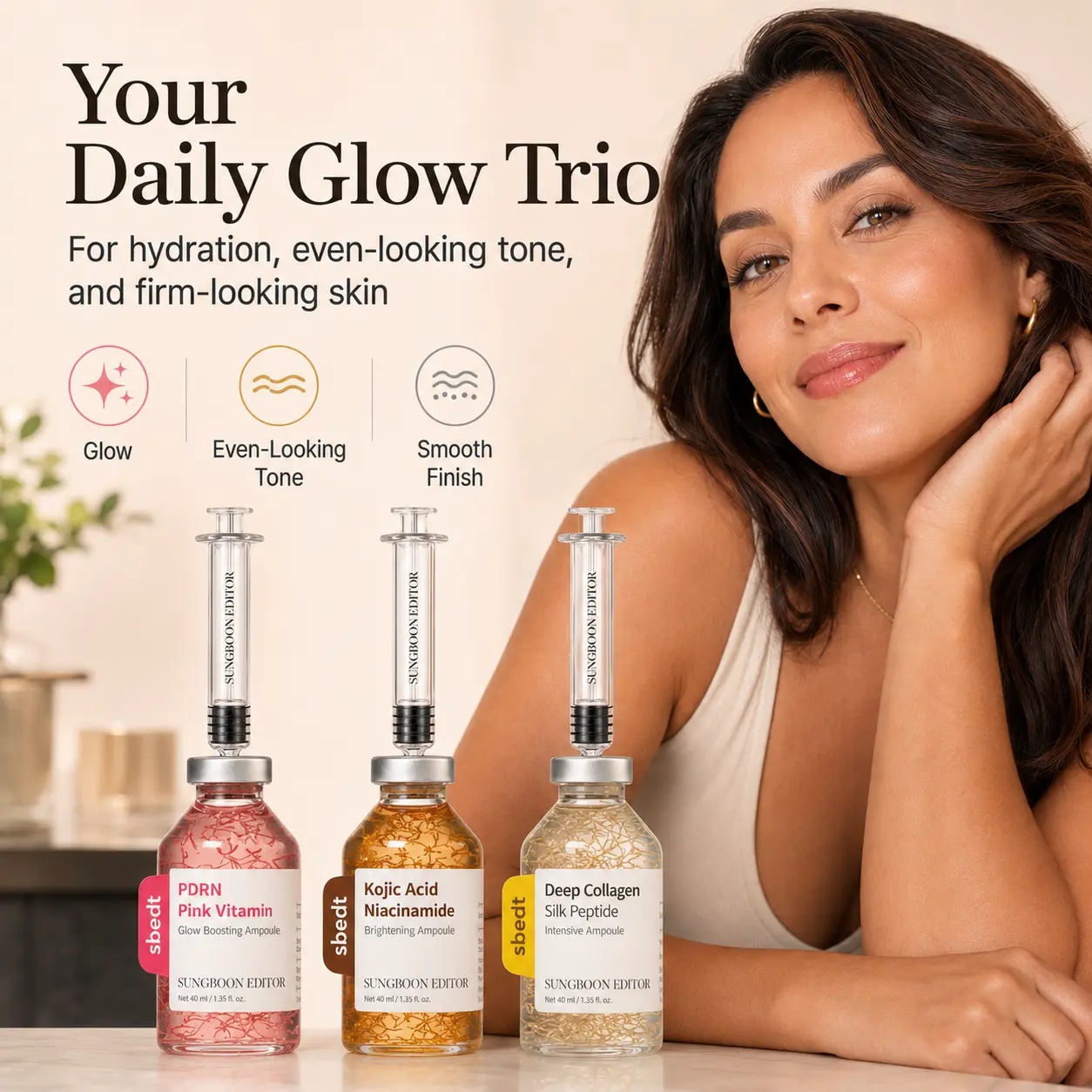 Glow Trio Ampoule Set, 3 Korean Serums for Hydration, Brightening and Smoother Firm-Looking Skin