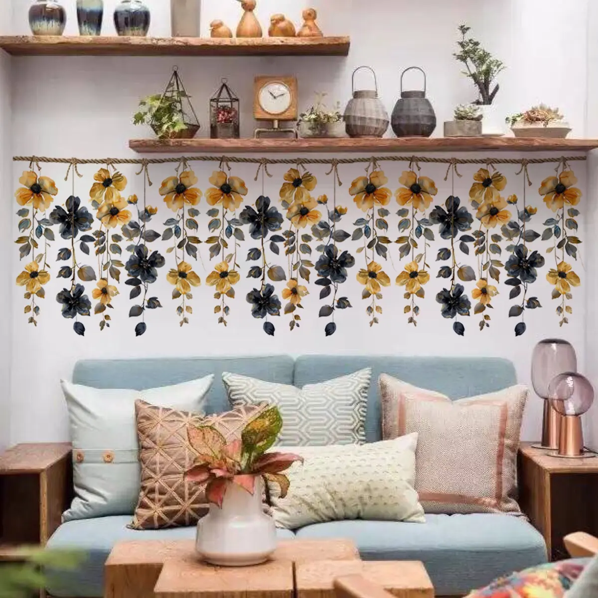 One Piece (30*90cm) Watercolor Yellow and Blue Hanging Flower Wall Sticker, Flower Wall Decals, Retro Forest Style, Self-Adhesive Wall Decor Decal for Living Room and Bedroom
