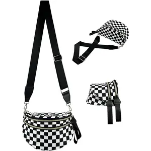 Checkered Nylon Crossbody Bag for Women – 4 Pockets Fanny Pack Bum Bag, Large Capacity Waist Purse with Adjustable Strap for Travel Work Party