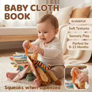 TUMAMA Baby Crinkle Cloth Books, Sound & Early Education Toys, 2 Pack Squeaky Toys for 0-6-12 Months Newborn Boys & Girls, Dinosaur & Animal Themed Tail Books