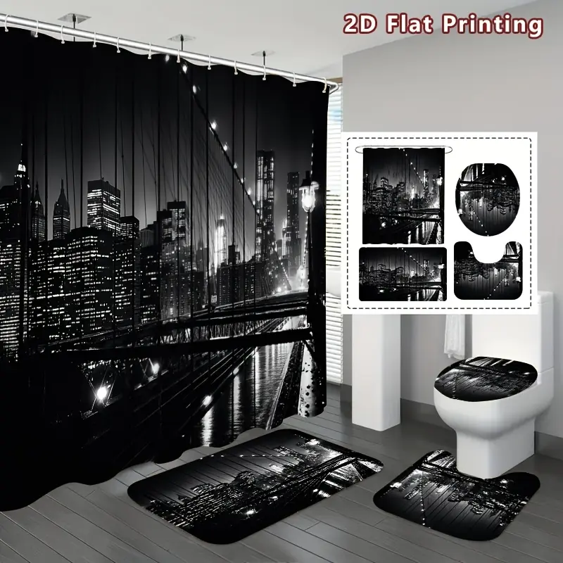 2D Flat, 4pcs 2D Flat Night Cityscape Shower Curtain Set, City Bridge at Night Bathroom Decor, Additions with, U-Shaped, Toilet Lid Cover, 12 Hooks 70.87X70.87inch Curtain, Urban Twilight, Home Decor, Bathroom Additions,family,mat,farmhouse,Modern,Ombre,,