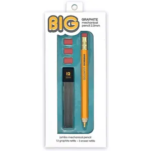 BIG Graphite Mechanical Pencil Set - 1 Pencil + 12 Refill Leads + 3 Erasers