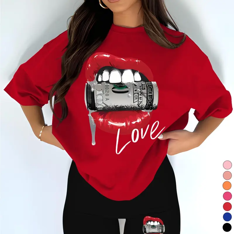 Two-Piece Set Women's Money Print Short Sleeve Tee & Skinny Shorts, Casual Fashion Round Neck T-shirt & Shorts for Daily Outdoor Wear, Ladies Summer Clothes, Suits, Womenswear, Clothing Set, Tops Shorts Set