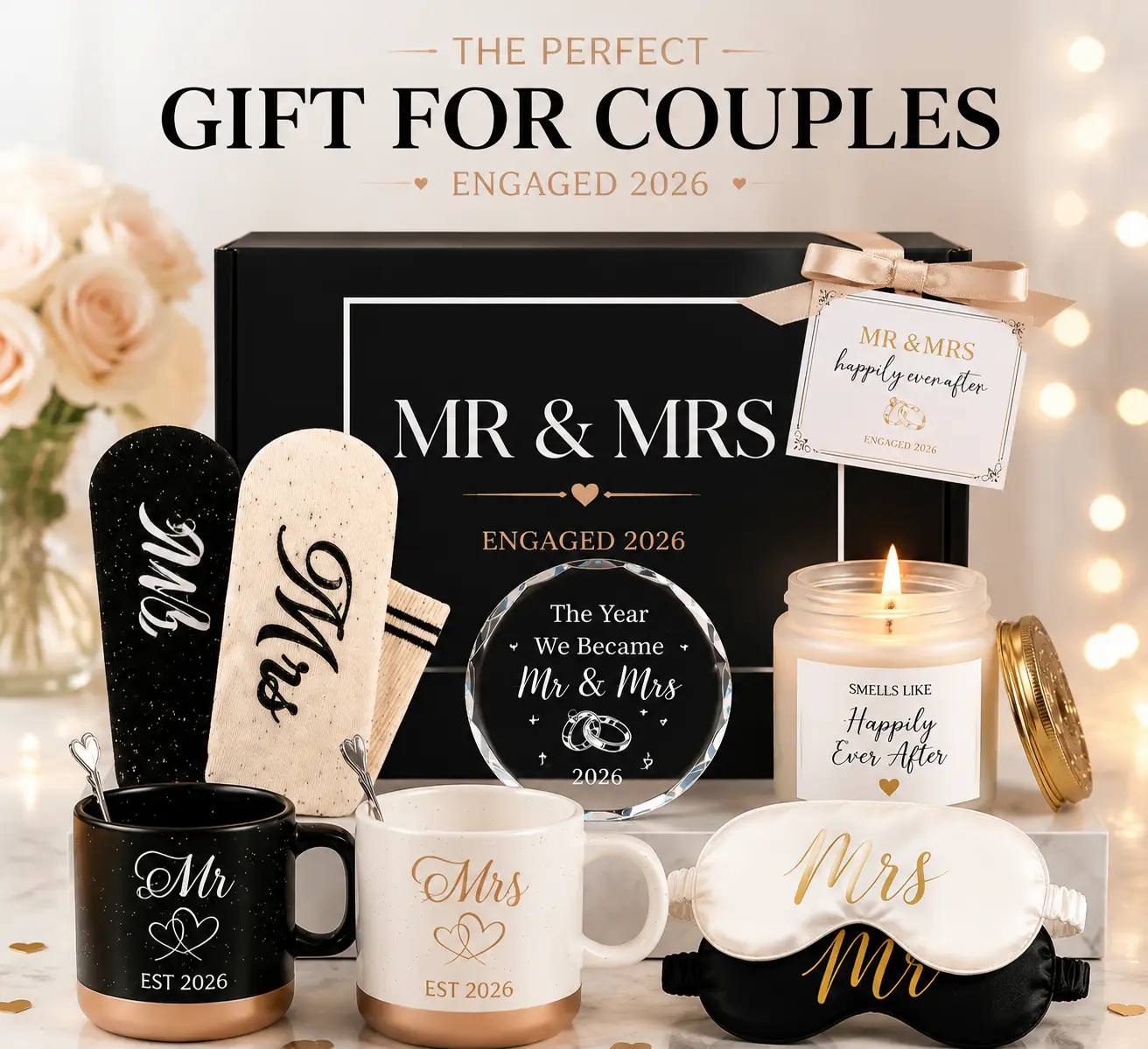Giftota 2026 Mr and Mrs Gift Set for Couples with Mugs Scented Candle Crystal Wedding Ornament Engagement Wedding Bridal Shower Gift for Newlyweds Unique His and Hers Present