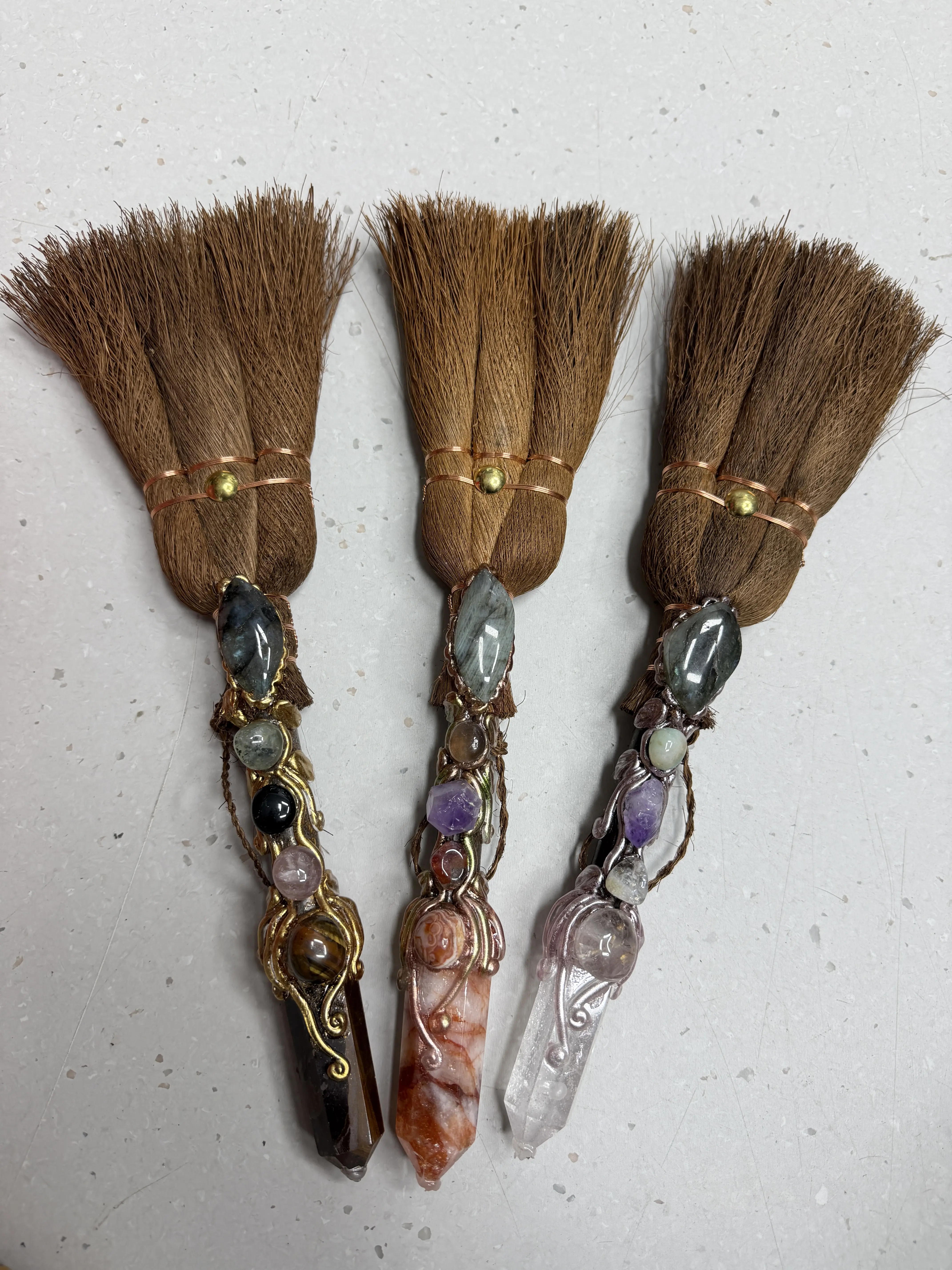 Mia(14962)gc.Healing crystal witch brooms handcrafted with assorted natural gemstones