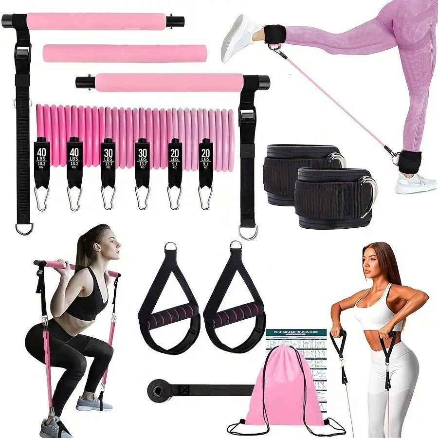 Multifunctional Pilates 14-Piece Set, Hip Training Yoga Pilates Push-Pull Bar, Leg Resistance Bands, Hip Trainer, Yoga Stick with Pull Rope, Stretching Gear, Ideal for Indoor Yoga and Fitness, Home Pilates Equipment, Pilates Workout Equipment