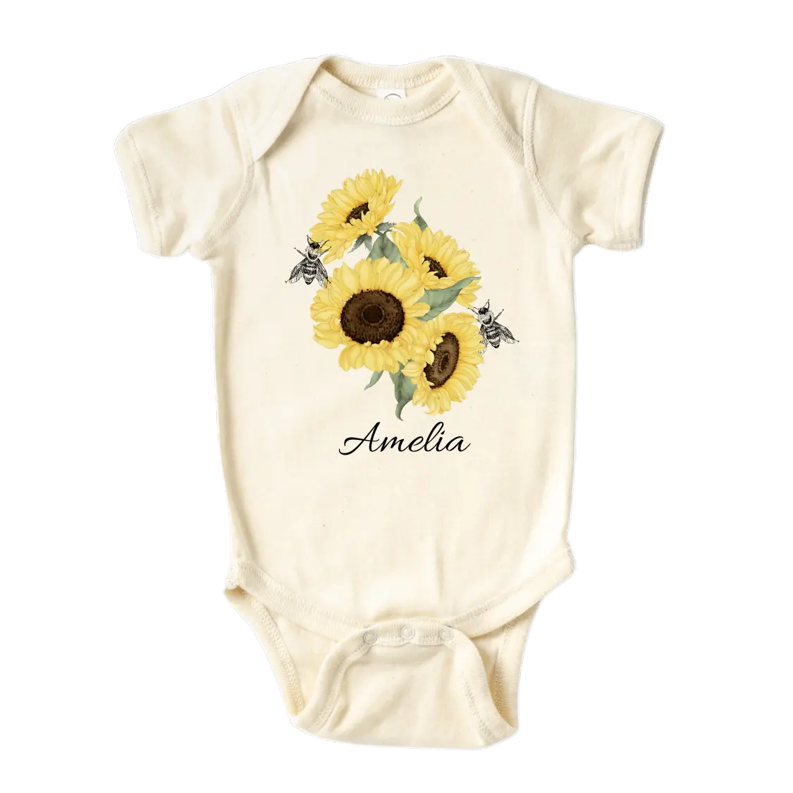 Cute Baby Onesie® Personalized Name Sunflowers and Bees Kid Tshirt Custom Baby Clothes Unisex Baby Announcement Onesie Girls