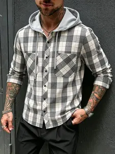 Men’s plaid shirt with hood, long-sleeve button-front casual jacket with pockets, lightweight hooded outerwear suitable for autumn and winter wear.
