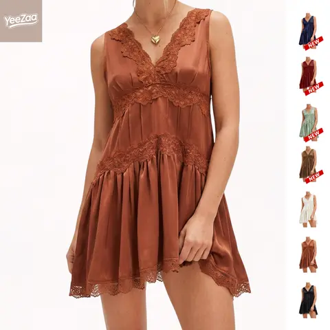 YeeZaa Women's Groove Mini Slip Dress Country Concert & Date Night Dress Lace Deep V-Neck Mini Dress Sexy Y2k Ruffle Hem Flowy Swing Boho Short Dresses