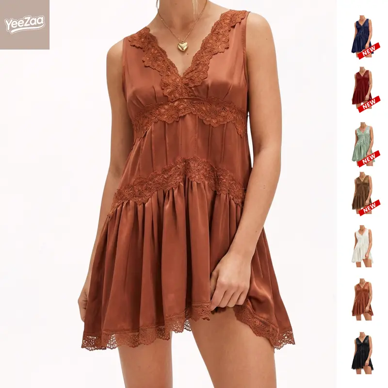 YeeZaa Women's Groove Mini Slip Dress Country Concert & Date Night Dress Lace Deep V-Neck Mini Dress Sexy Y2k Ruffle Hem Flowy Swing Boho Short Dresses