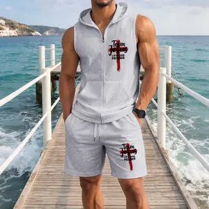 Men's Team Jesus Lifetime Member Graphic Sleeveless Hoodie Shorts Set 2 Piece Outfit Christian Faith Print Zip Up Hooded Vest Drawstring Shorts Summer Casual Gym Workout Streetwear Breathable Lightweight Athletic Lounge Set