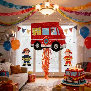 Pull-String Fire Truck Piñata, Safe No-Hit Design for Parties, Fun Themed Party Decoration, Perfect for Birthday and Holiday Celebrations