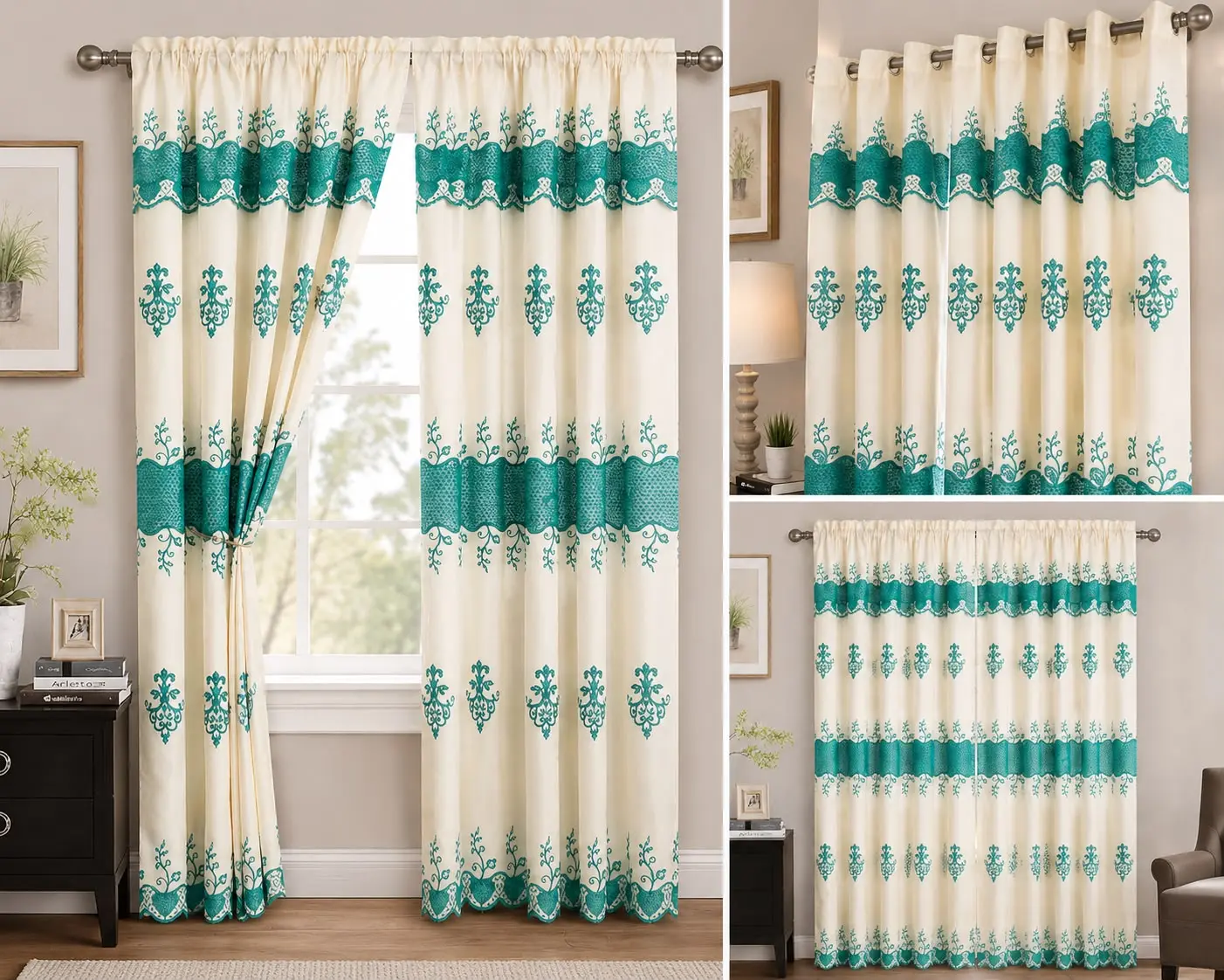 Glory Home Design Embroidered Window Curtain Panel Set – Beige & Aqua – Elegant Polyester Drapes