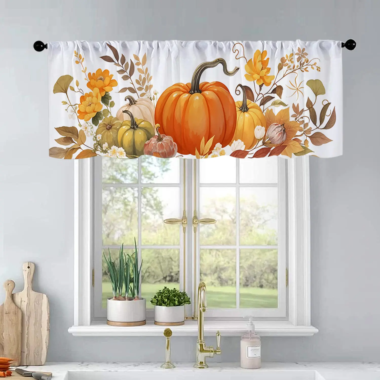 1 Watercolor Pumpkin Maple Leaf Flower Autumn Thanksgiving Watercolor Print Kitchen Curtains Curtains Valance Living Room Bedroom Bathroom Home Decoration Curtain Home Decor Window Valance 54x18 Inch