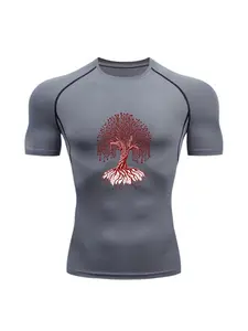 Tech Tree Print Sports Fitness Top, Suitable for Summer Men's Lightweight Quick-Drying Breathable Elastic Comfortable Running Training Compression Fitness Top