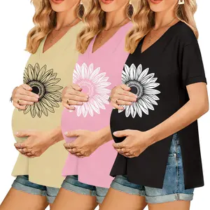 Ekouaer 3 Packs Women's Maternity Shirts V Neck Pregnancy Tops Short Sleeve Casual Workout Tees Side Split Mama Clothes