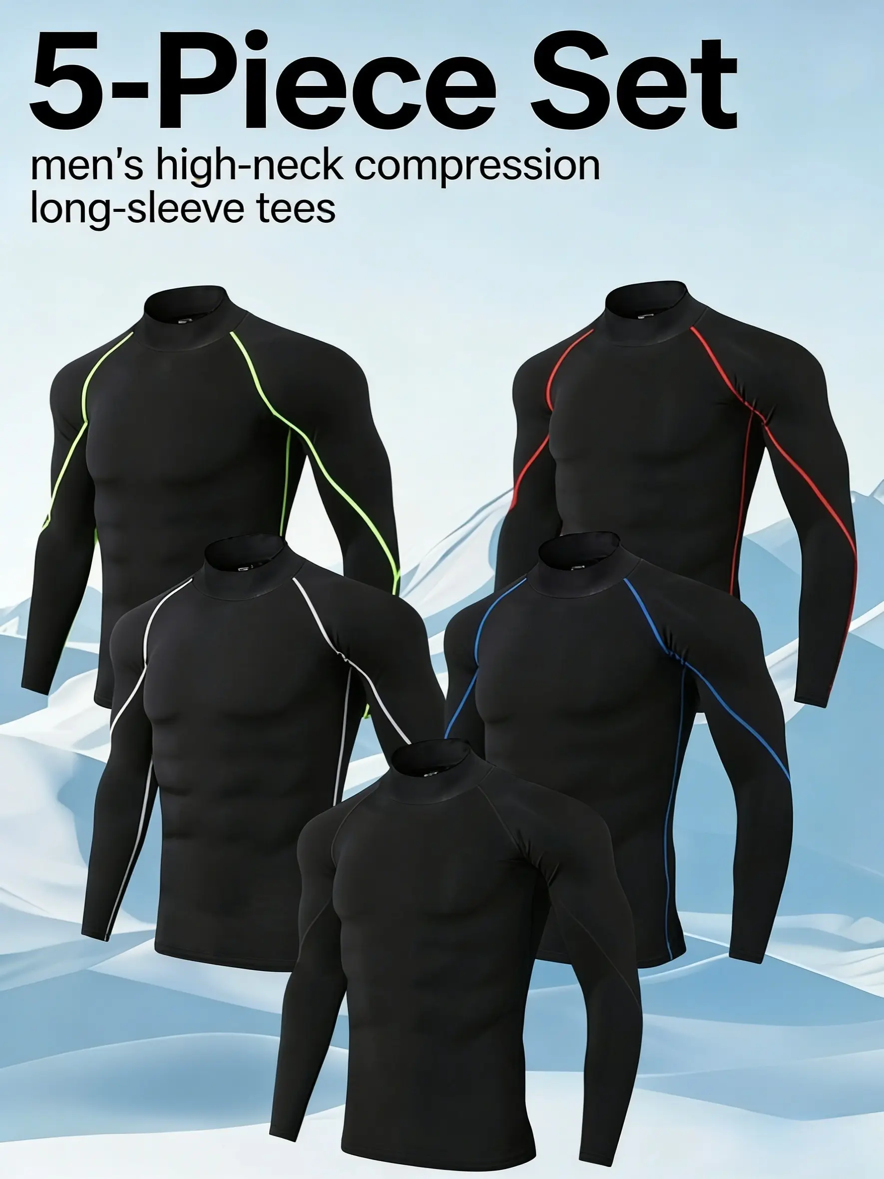 Men's 5-Pack High-Stretch Quick-Dry Turtleneck Compression Shirts, Sports Apparel, Athletic Athleisure Street Fit Tops for Summer Workouts Fitness Clothes Fitted Design Activewear