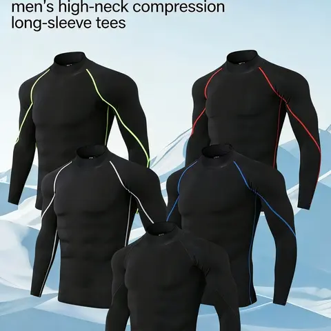 Men's 5-Pack Quick-Dry Long Sleeve Turtleneck Compression Shirts - High-Elasticity, High-Stretch Move, Breathable Gym Athletic Clothes for Summer Workouts, Casual Errands