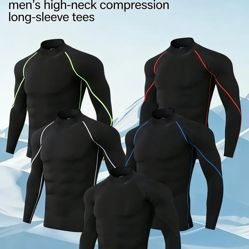 Men's 5-Pack Quick-Dry Long Sleeve Turtleneck Compression Shirts - High-Elasticity, High-Stretch Move, Breathable Gym Athletic Clothes for Summer Workouts, Casual Errands