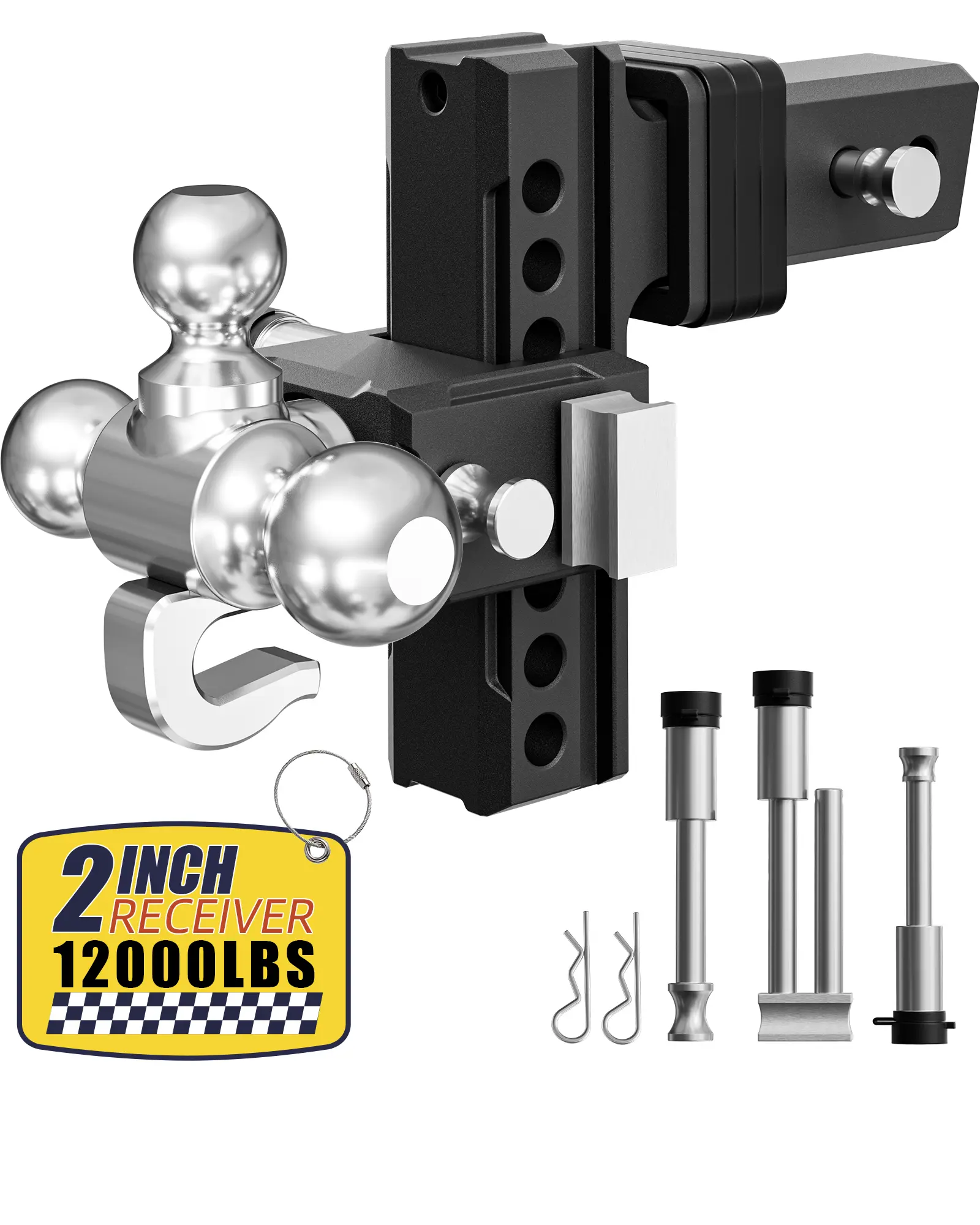 Adjustable Trailer Hitch - Fits 2" Receiver, Tri-Ball Mount & Hook (1-7/8", 2" & 2-5/16"), 6" Drop/Rise Tow Hitch, Aluminum Heavy Duty Truck Hitches for Trailer, 10,000 LBS GTW, Black