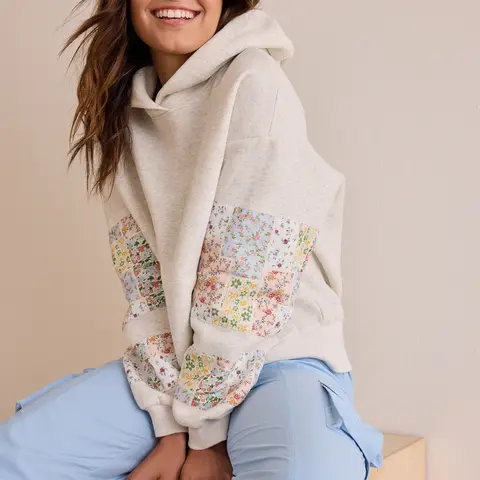 Womens Hooded Sweatshirt Long Sleeve Floral Print Patchwork Casual Loose Fit Tops with Pocket