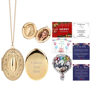 OIDEA Women's Gold-Tone Round Locket Necklace, Custom Engraved Personalizable Photo Pendant with Cards, Custom Engraved Necklaces, Personalizable Necklaces