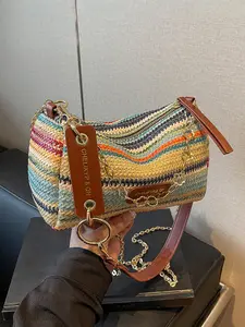 Colorful woven striped women's bag, niche design shoulder bag, chain splicing handbag design, fashionable and stylish shoulder crossbody bag, suitable for shopping, dating, afternoon tea, travel, photography, etc., Casual shoulder bag