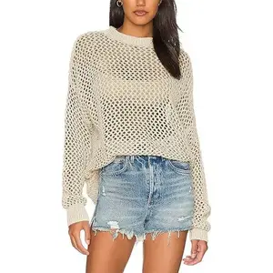 Women’s Crochet Tops — Long-Sleeve Beach Summer Sweaters, Crew Neck Mesh Cover-Ups, Bikini Swimsuit Tunics, Pullover Tops