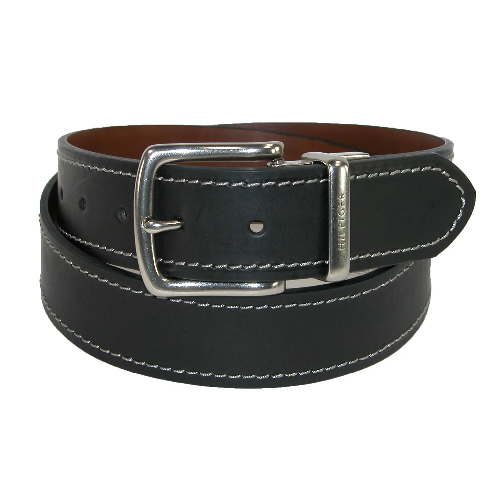 Tommy Hilfiger Men's Reversible Bridle Leather Belt, 1.5 Inch with Contrast Stitch, Black and Brown, Belts