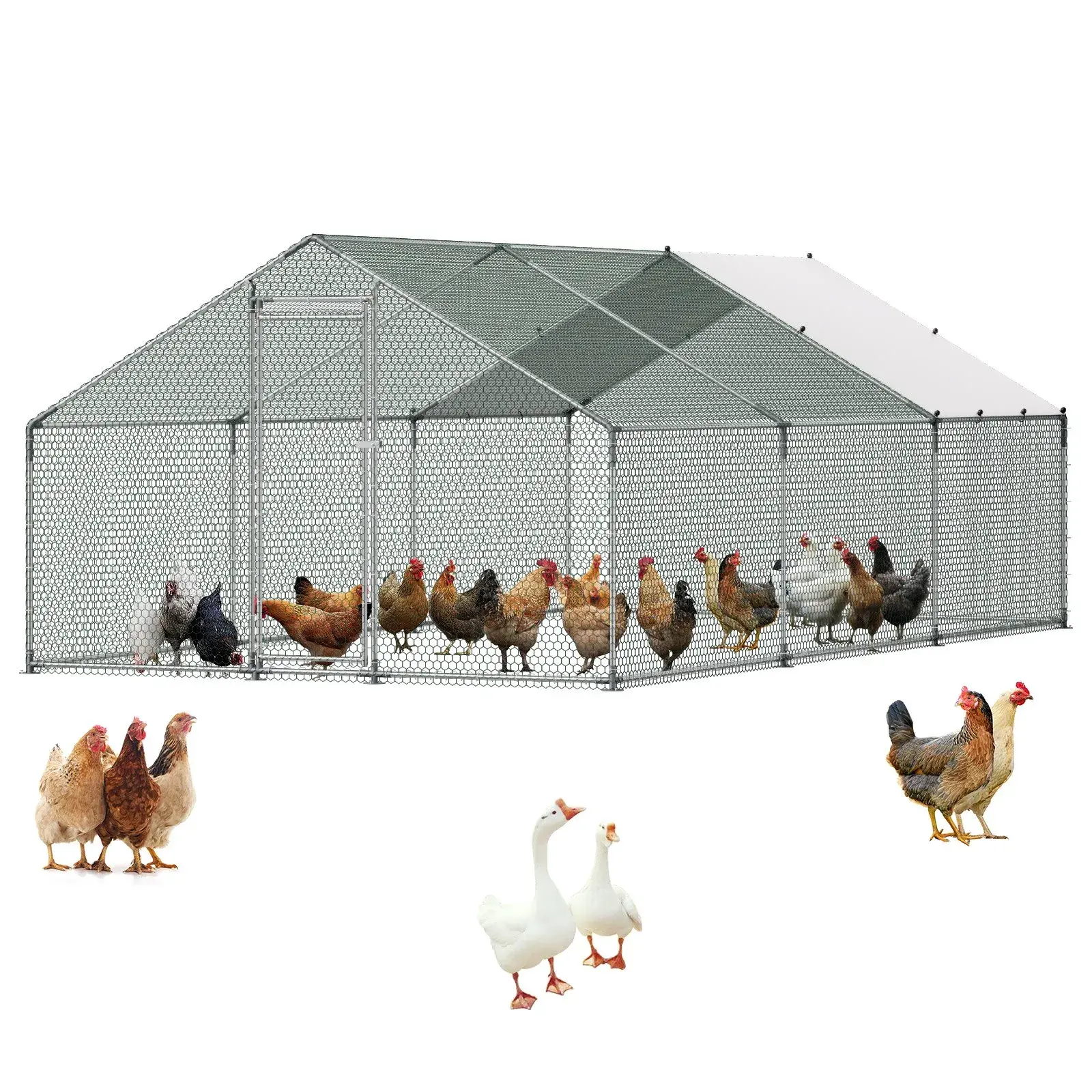 【SummerFinds】VEVOR Metal Chicken Coop, 9.8x19.6x6.5 ft Large Walk-in Chicken Runs with Cover, Spire Roof Hen House Enclosure with Security Lock, Outdoor Duck Rabbit Cage Poultry Pen for Backyard, Farm, Yard