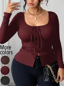 【Plus Size】1 Piece Women's Square Neck Tie-Front Knit Long Sleeve Top, TikTok Viral "Quiet Luxury Feminine" & "Effortless Street Style", Stretchy Knit Fabric & Cinched Waist Detail, For Curvy Fashion Women, Perfect for Casual Outings, Date Nights