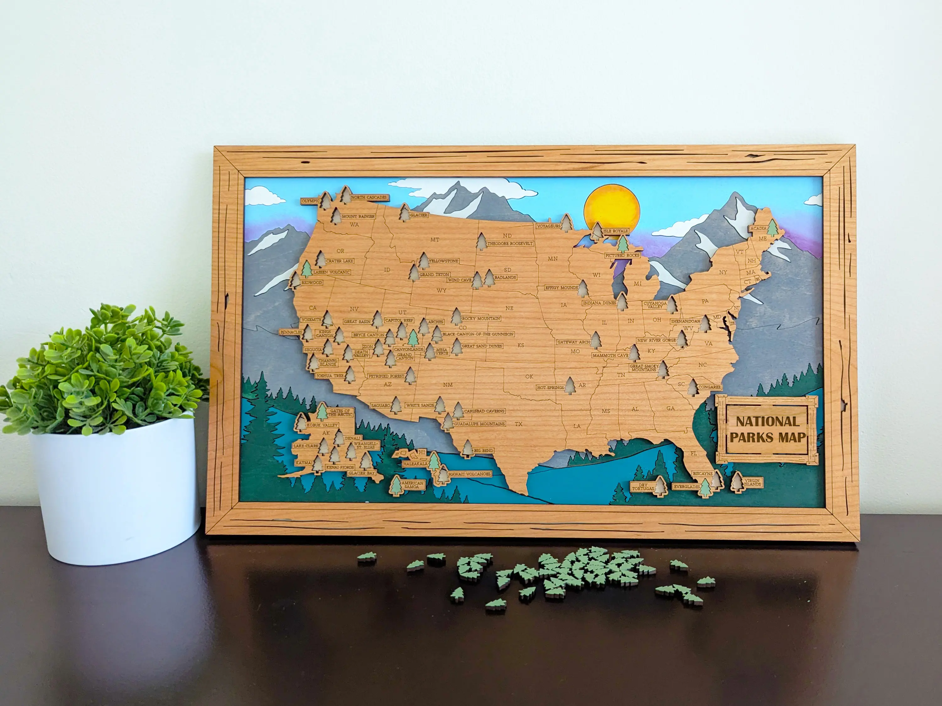 US National Parks Travel Map Hand Painted Personalized Family Road Trip Tracker Wall Mounted Decor Gift for Hiker 11x18x0.5" Customizable with 5 Backgrounds