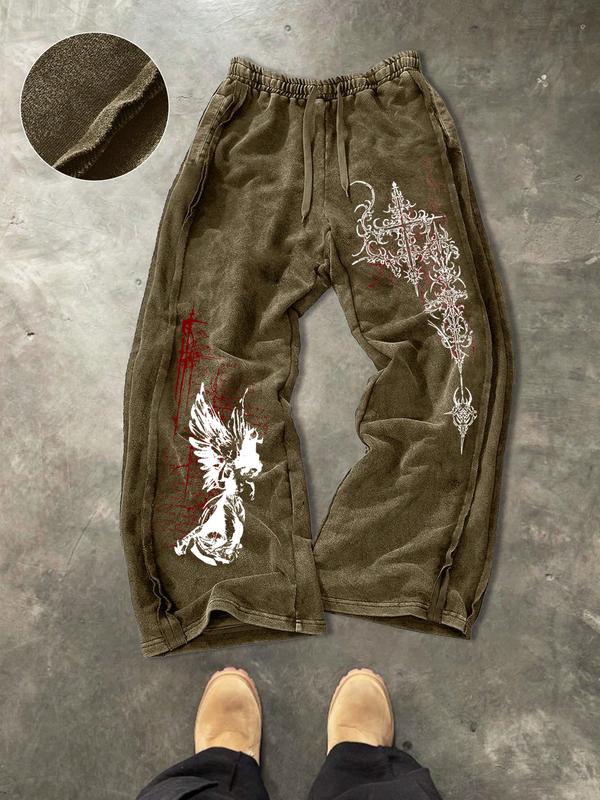 Men's Washed Cotton Sweatpants with Side Stitching, Gothic Pattern, Comfortable Casual Pants for Daily Wear