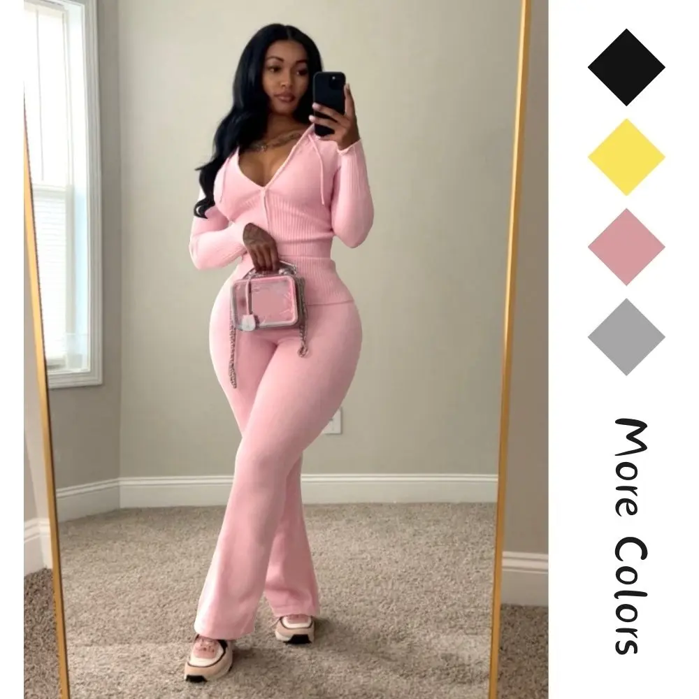 2pcs Knit Sweatsuit for Women – Cozy Zip-Up Sweater Hoodie with Pockets & Flare Yoga Pants, Fall/Winter Knit Lounge Set, Warm Casual Outfit, Athleisure Wear, Soft Knitted Womenswear Clothes Basic