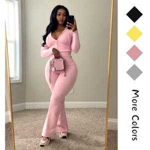 2pcs Knit Sweatsuit for Women – Cozy Zip-Up Sweater Hoodie with Pockets & Flare Yoga Pants, Fall/Winter Knit Lounge Set, Warm Casual Outfit, Athleisure Wear, Soft Knitted Womenswear Clothes Basic