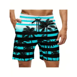 Mens Swim Trunks Beach Trunks, Hawaiian Style Blue Palm Trees Stretch Soft Lightweight Swim Shorts Quick Dry Bathing Suit Outdoor Vacation Leisure Sports Shorts