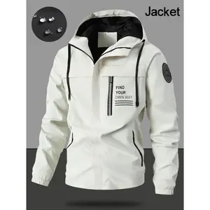 Men's Outdoor Hiking Jacket, Loose-Fit Woven Fabric, Letter Print Hooded Zipper Flight Jacket, Casual Spring & Fall Outerwear, Sports Outerwear