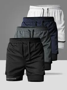 Men's Four Panel Shorts Casual Sporty Style, Double Layer Design with Supportive Lining and Breathable Mesh Outer Layer, Drawstring Waistband for Custom Fit, Side Details are Simple and Sleek, Perfect for Daily Night Runs, Unrestricted Movement on the B