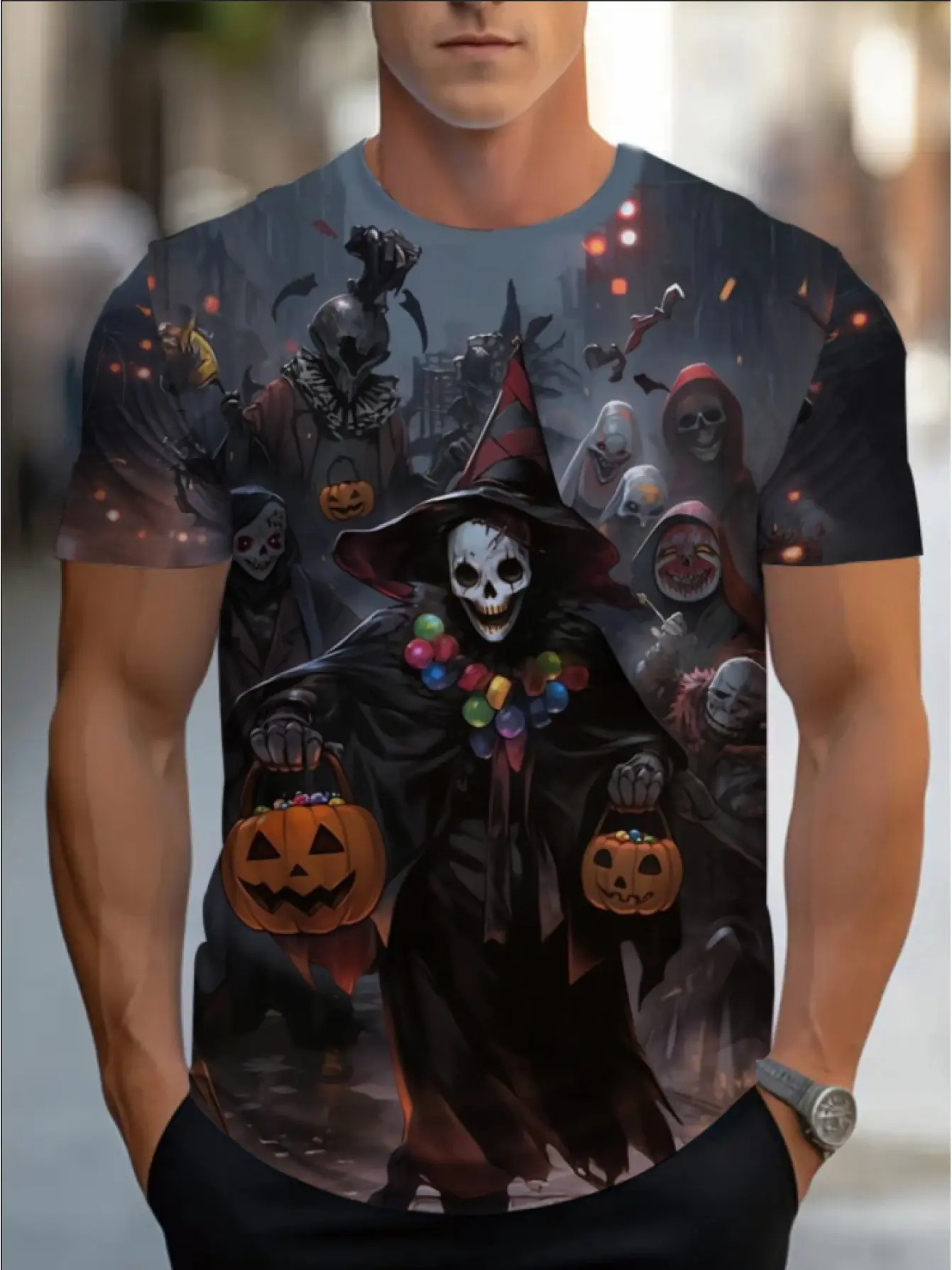 Halloween Black Short-Sleeve T-Shirt, Featuring Vibrant Designs for Comfort And Durability, Ideal for Evening Outings Or Costume Parties, Made from Lightweight And Breathable Fabric