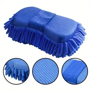 1pc Blue Chenille Ultra-Fine Microfiber Plush Car Cleaning Sponge, Car Wash Brush Pad & Care Cleaning Tool, Polyester Fiber, Glove-Style Wash Cloth Accessory