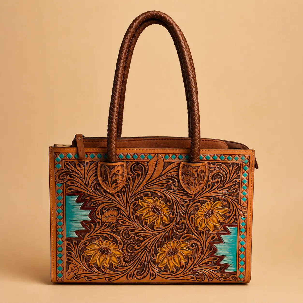 American Darling Sunflower Hand-Painted Tooled Leather Tote