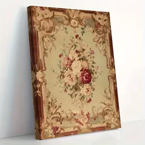 JIT 1PC Wooden Frame Canvas Painting Antique French Rug Border, Beige  Pink Floral Wall Art, Vintage Home Decor, Perfect Gift for Housewarming, Wedding, or Interior Design, Canvas Wall Art, Interior Design Accent, Ornate Decorative Piece