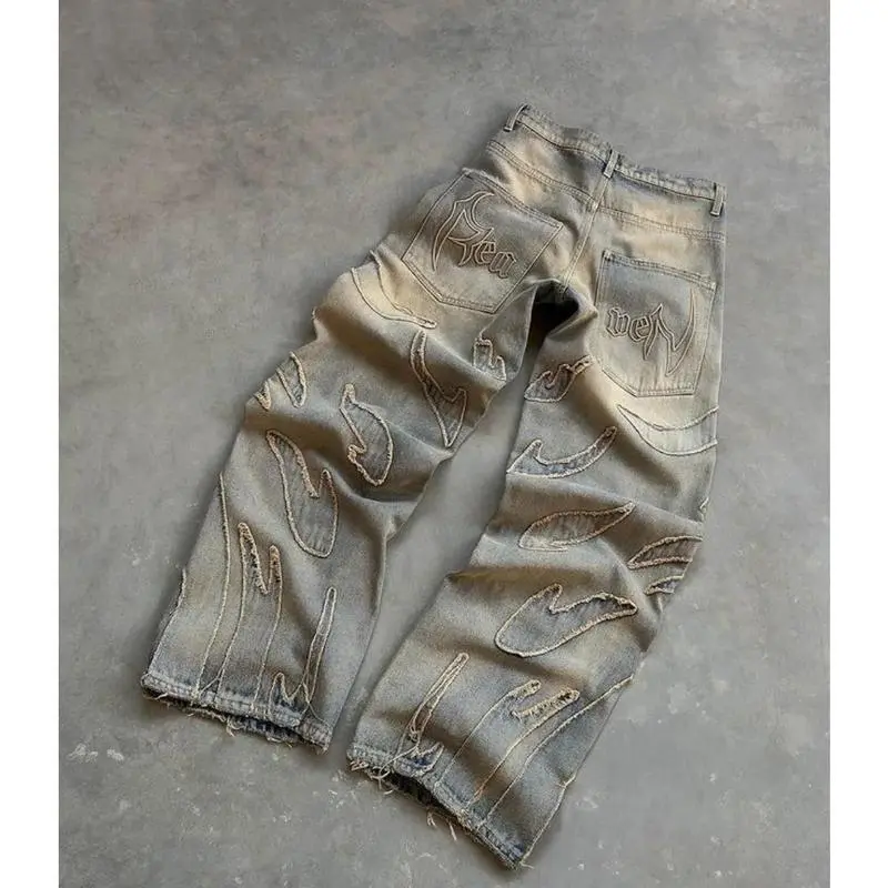 2025 Jeans for Men Y2k Hip Hop Distressed Retro Black Pants  Oversized Embroidery Harajuku Gothic Wide Leg Trousers Streetwear