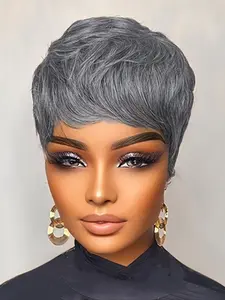 Grey Human Hair Wigs Short Pixie Cut Wig For Women Machine Made Wigs With Bangs Colored Short Wigs